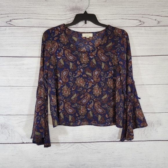 No Comment Navy Paisley Bell Sleeve Boho Top Sz Med - Picture 1 of 6